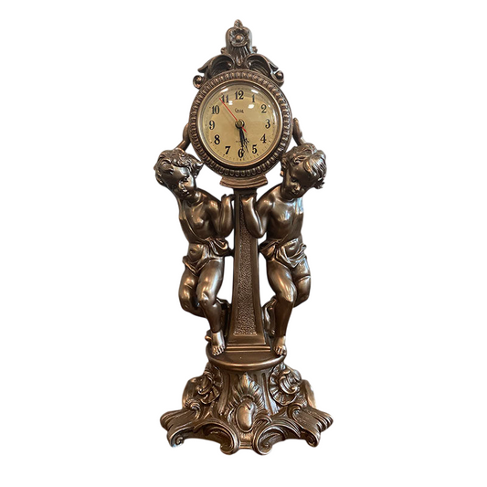 Vintage Cherub Table Clock, Bronze Finish Angel Statue Clock with Roman Style Pedestal Base, European Decorative Mantel Clock for Living Room, Office Desk, Shelf, Bedroom, Entryway Decor