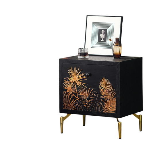 Black Wood Nightstand, Gold Botanical Door and Metal Legs