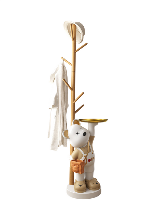 Modern Freestanding Coat Rack with Decorative Bear Statue and Storage Tray, Solid Wood Hall Tree with Hooks for Entryway, Bedroom, Living Room and Office, Natural Wood and White