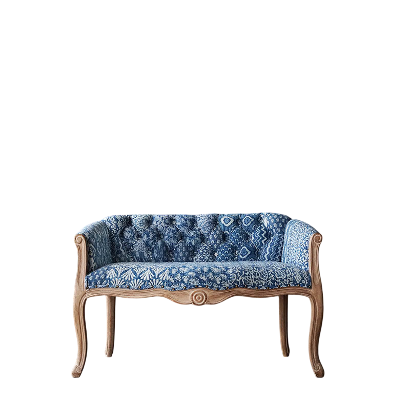 Blue Patchwork Wood Loveseat with Curved Arms and Upholstered Back