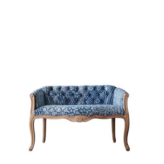Blue Patchwork Wood Loveseat with Curved Arms and Upholstered Back