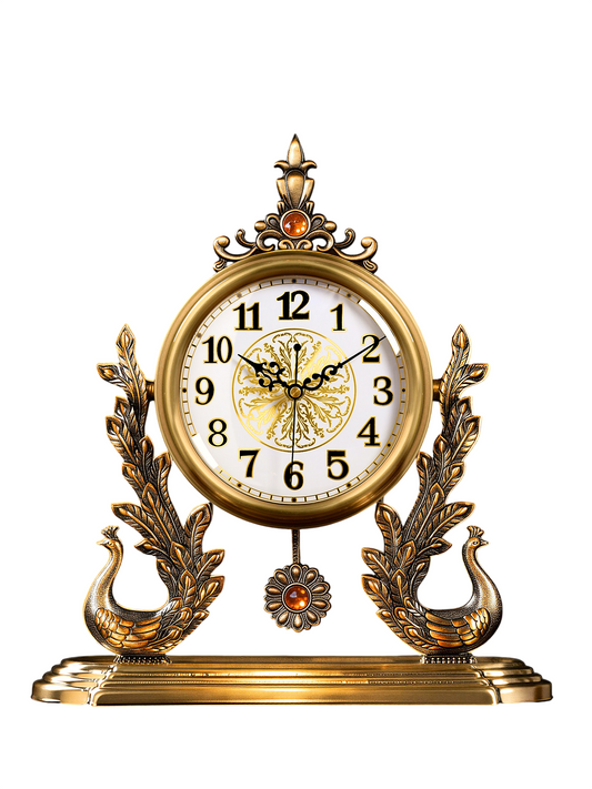 Antique Bronze Peacock Table Clock, Vintage European Style Decorative Mantel Clock with Pendulum Accent, Round Analog Desk Clock for Living Room, Office, Bedroom and Console Table