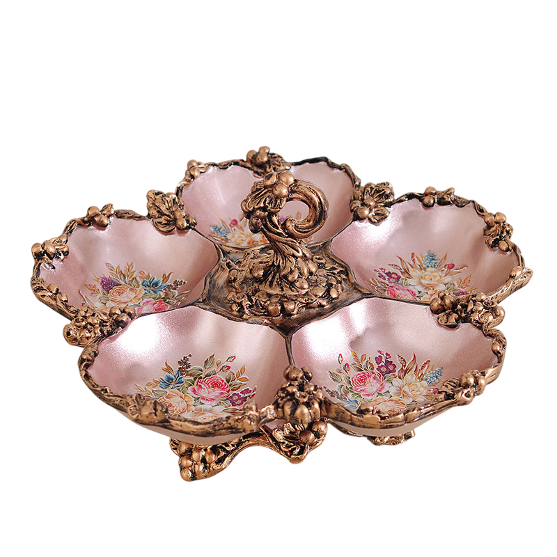 Rose Gold Resin Divided Snack Bowl, Ornate Open-Top Pedestal Candy and Dry Fruit Tray with Multiple Compartments for Coffee Table, Dining Table, Living Room and Entertaining