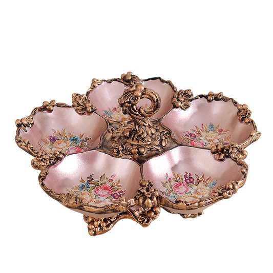 Rose Gold Resin Divided Snack Bowl, Ornate Open-Top Pedestal Candy and Dry Fruit Tray with Multiple Compartments for Coffee Table, Dining Table, Living Room and Entertaining