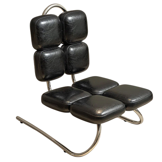 Black Upholstered Lounge Chair, Chrome Tubular Frame, Geometric Cushions