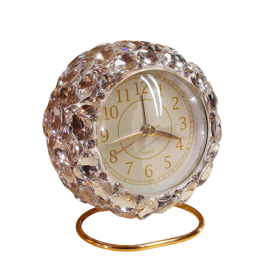 White Rhinestone Analog Alarm Clock for Bedroom Desk Decor