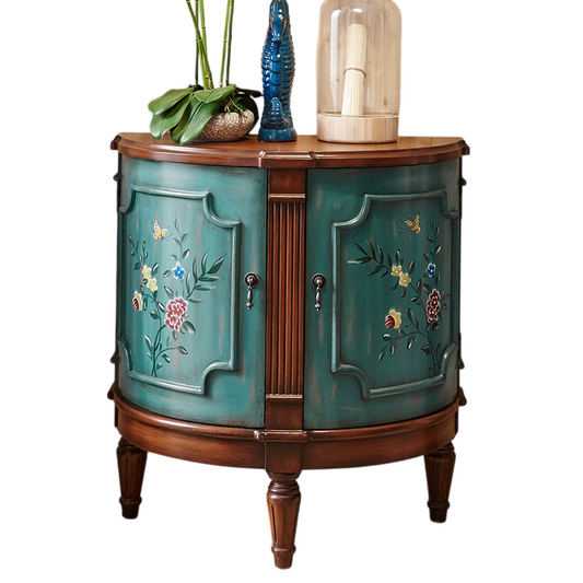 Brown and Blue Solid Wood Half Round Accent Cabinet, Painted Floral 2-Door Entryway Storage Cabinet with Curved Front for Living Room, Hallway, Foyer or Bedroom