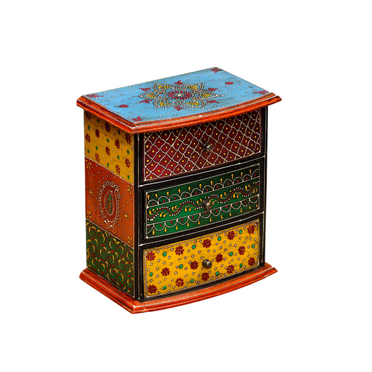 Hand-Painted Solid Wood Jewelry Box with 3 Drawers, Multicolor