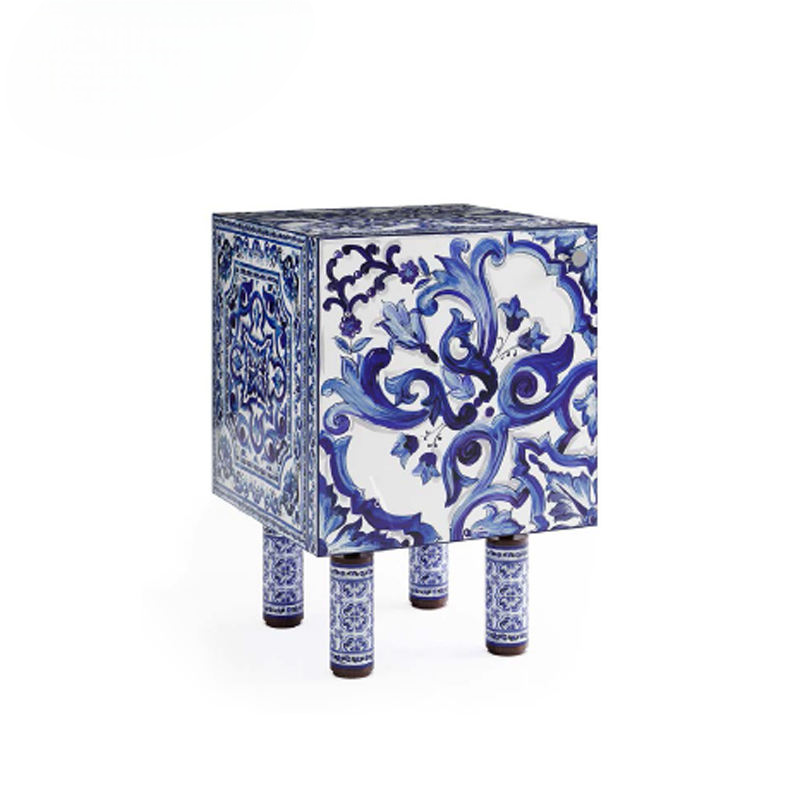 Luxury Blue White Accent Cabinet Decorative Storage Cabinet Modern Hand Painted Bedside Cabinet Artistic Side Table Organizer for Living Room Bedroom Hallway