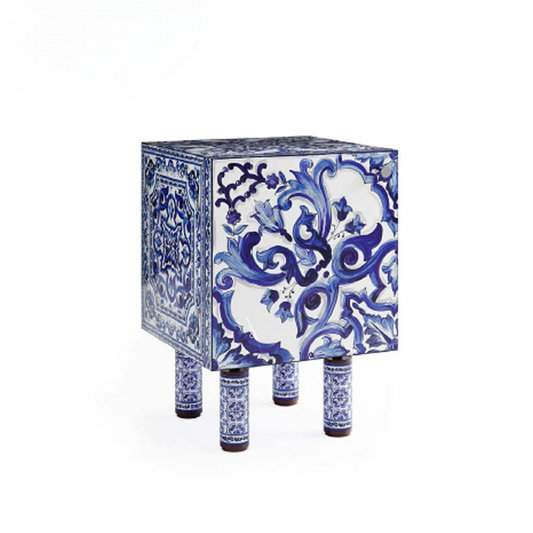 Luxury Blue White Accent Cabinet Decorative Storage Cabinet Modern Hand Painted Bedside Cabinet Artistic Side Table Organizer for Living Room Bedroom Hallway