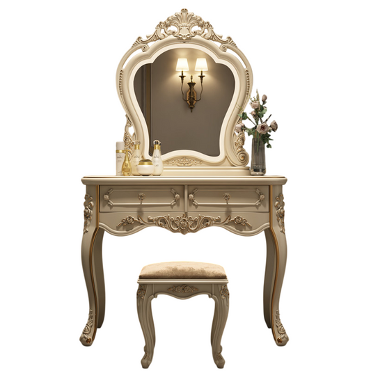 Cream Vanity Table Set with Lighted Crown Mirror, 2 Drawers and Stool