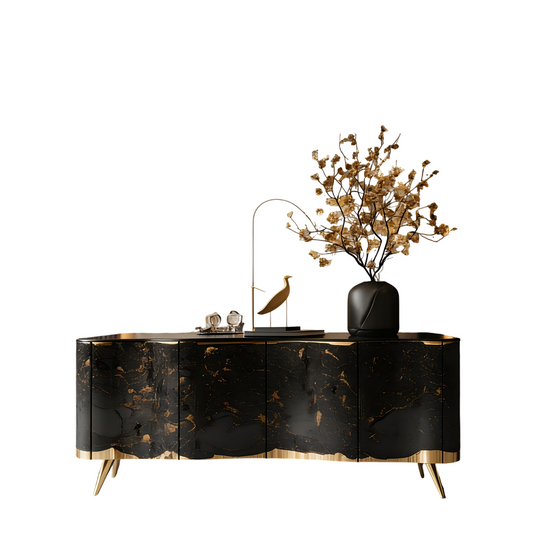 Black and Gold 4 Door Luxury Sideboard Cabinet, Old Money Style Abstract Marble Look Buffet Storage Cabinet with Gold Legs, Modern Credenza for Dining Room, Living Room, Entryway, Hallway, and Home Storage