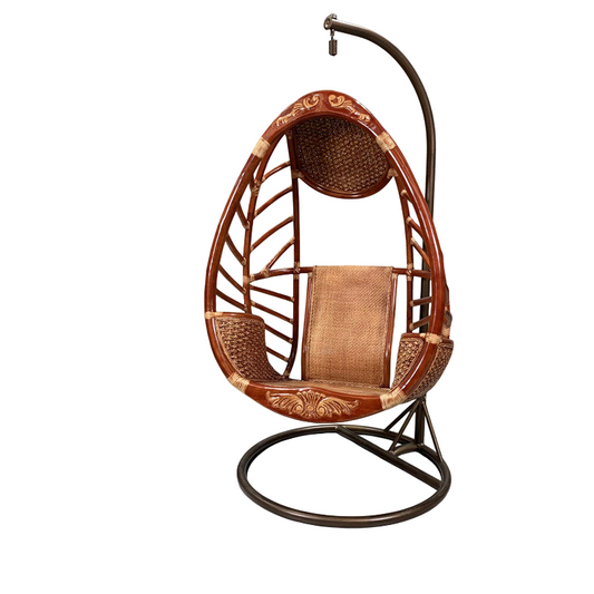 Natural Rattan Hanging Egg Chair with Stand, Mahogany Brown Swing Seat