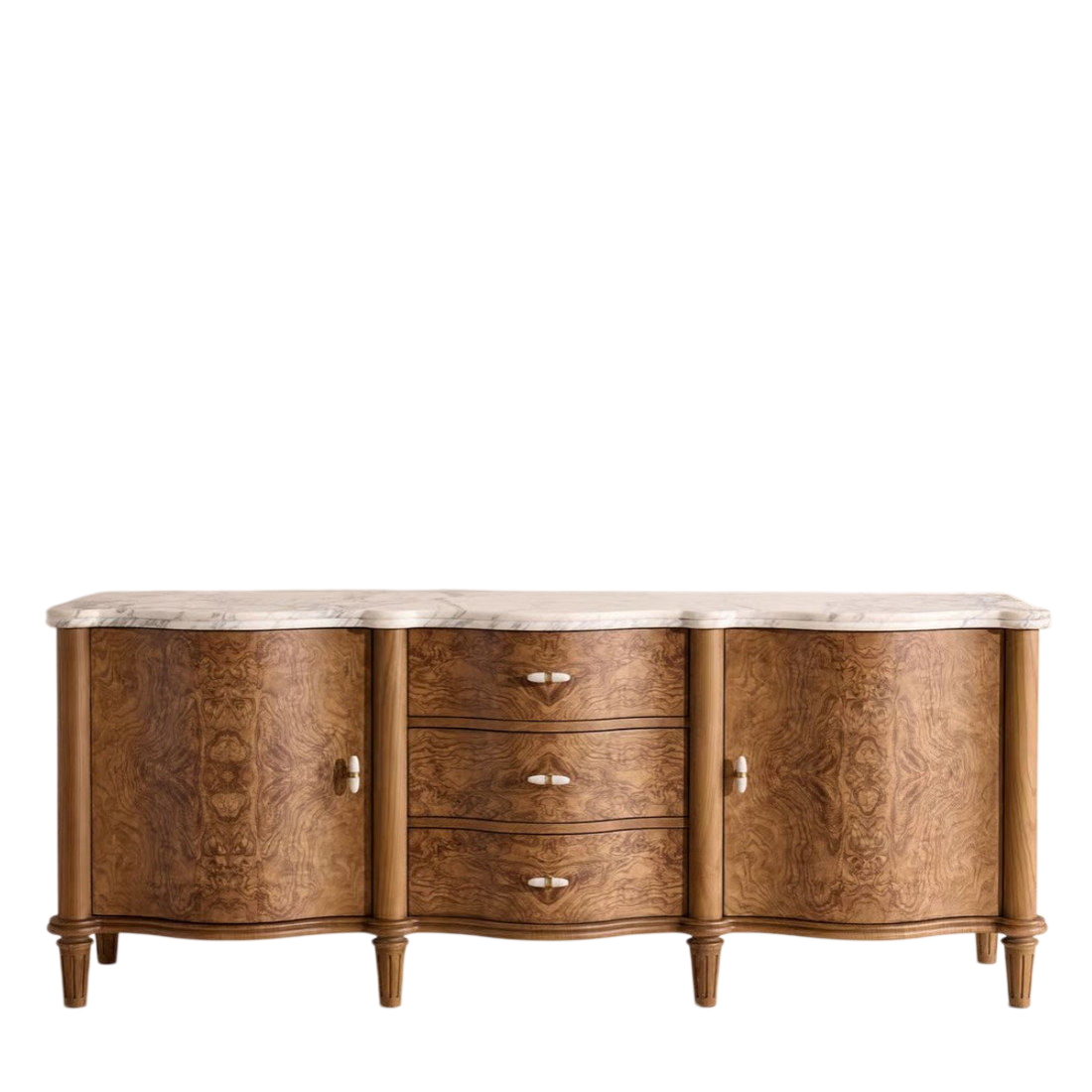 Marble Top Sideboard Buffet Cabinet, Burl Wood Grain Storage Cabinet with Drawers and Doors for Dining Room, Living Room, Entryway, Hotel