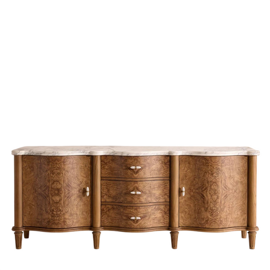 Marble Top Sideboard Buffet Cabinet, Burl Wood Grain Storage Cabinet with Drawers and Doors for Dining Room, Living Room, Entryway, Hotel