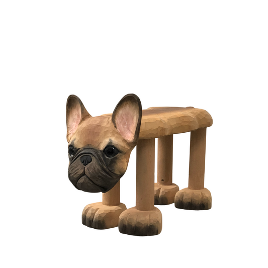Natural Solid Wood French Bulldog Kids Stool, Carved Animal Seat