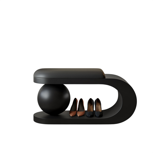 Black PU Leather Upholstered Shoe Storage Bench, Modern Sculptural Entryway Seat with Open Lower Shelf and Sphere Accent for Foyer, Bedroom, Closet and Bed End