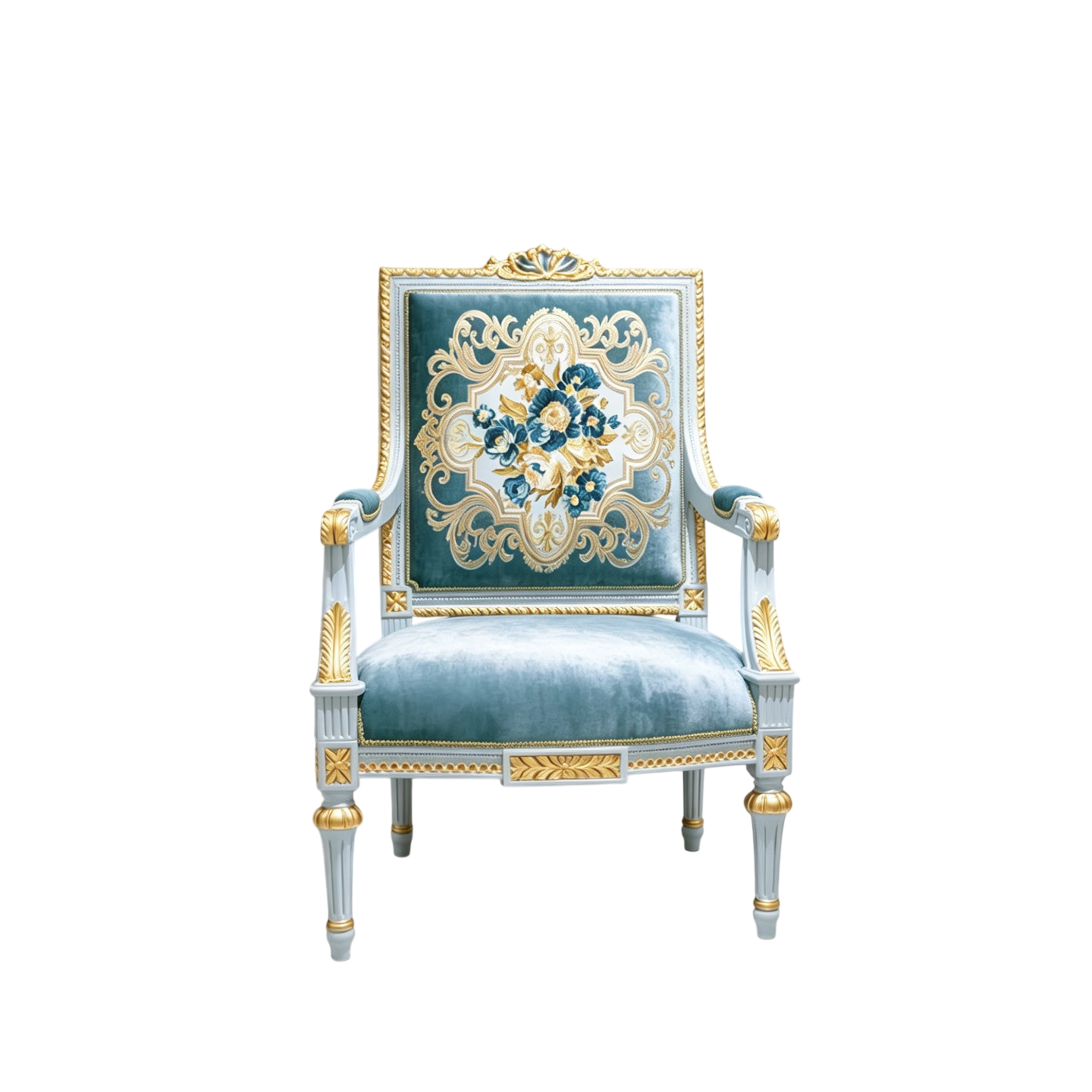 Blue Embroidered Accent Chair, French Style Carved Solid Wood Armchair with Gold Trim, Luxury Upholstered Dining Chair for Living Room, Bedroom, Office, Lounge, Reception