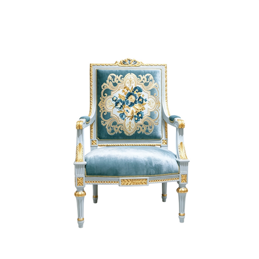 Blue Embroidered Accent Chair, French Style Carved Solid Wood Armchair with Gold Trim, Luxury Upholstered Dining Chair for Living Room, Bedroom, Office, Lounge, Reception