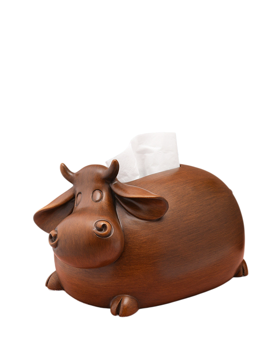 Cow-Shaped Tissue Box Cover, Wood Grain Decorative Facial Tissue Holder for Living Room, Bedroom, Office, Bathroom and Coffee Table, Brown