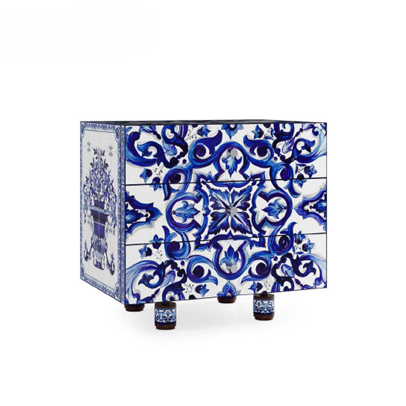 Luxury Blue White Chest of Drawers Decorative Storage Cabinet Modern Hand Painted Dresser Cabinet Artistic Bedroom Organizer for Living Room Hallway Bedroom
