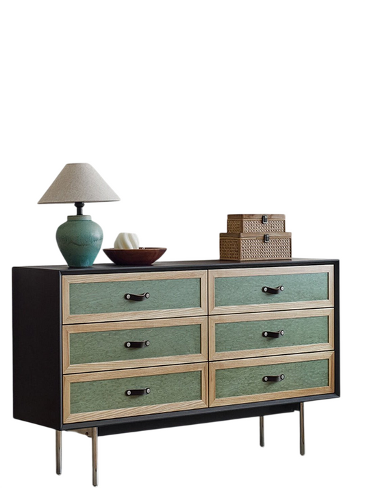 Six Drawer Dresser Cabinet, Green and Natural Wood Storage Chest with Metal Legs, Modern Accent Cabinet for Bedroom, Living Room, Entryway, Hallway, Closet, and Apartment Storage