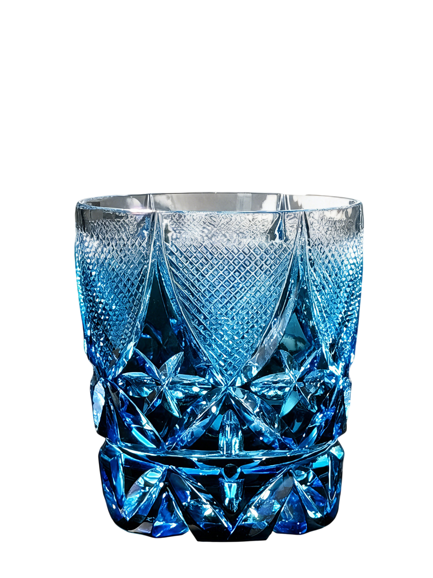Blue Cut Crystal Whiskey Glass, 8.8 Oz Geometric Rocks Tumbler