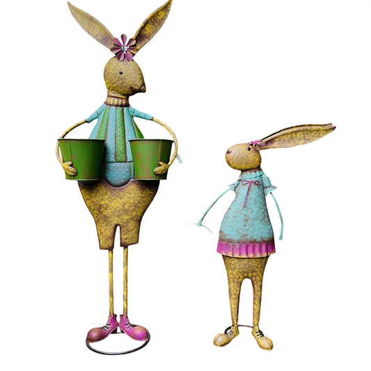 Set of 2 Antique Green and Bronze Metal Rabbit Garden Statues, Rustic Bunny Planter and Basket Figurines, Freestanding Yard Art for Patio, Porch, Courtyard, Balcony and Indoor Décor