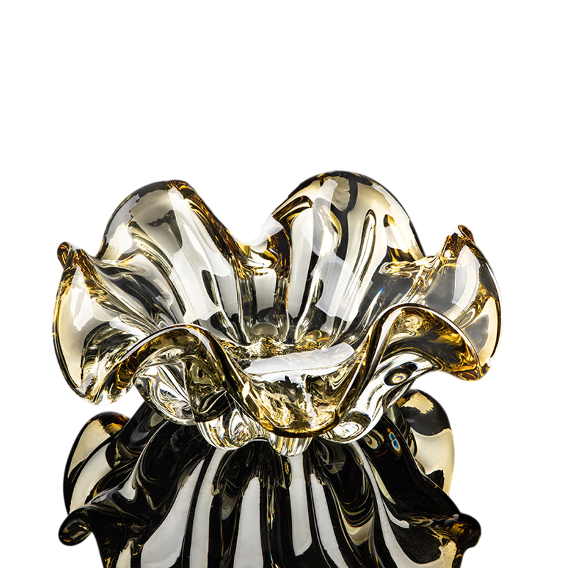 Amber and Smoky Clear Art Glass Fruit Bowl, Sculptural Flower-Shaped Decorative Serving Bowl, Large Centerpiece Dish for Coffee Table, Living Room, Candy, Snacks and Fruit