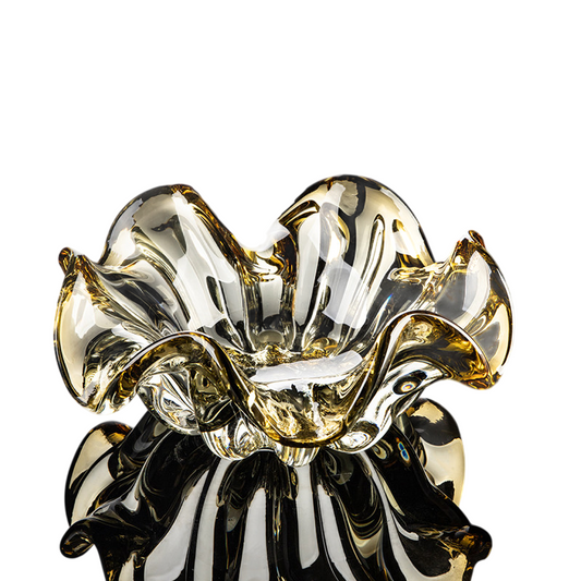 Amber and Smoky Clear Art Glass Fruit Bowl, Sculptural Flower-Shaped Decorative Serving Bowl, Large Centerpiece Dish for Coffee Table, Living Room, Candy, Snacks and Fruit