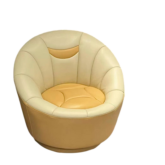 Beige Genuine Leather Swivel Accent Chair, Round Barrel Lounge Chair with 360-Degree Rotation, Upholstered Tub Chair for Living Room, Bedroom, Reading Nook and Reception Area