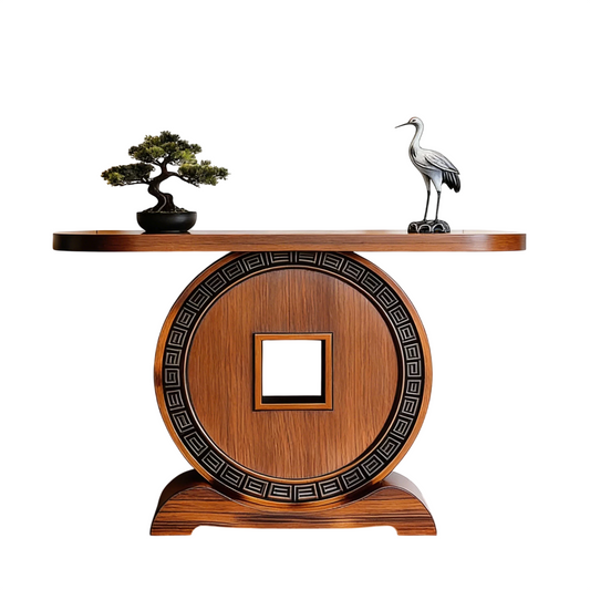 Solid Ash Wood Entryway Console Table, Round Coin-Inspired Pedestal Base, Walnut Finish Narrow Hallway Console Table, Modern Accent Sofa Table for Entryway, Foyer, Living Room &amp; Hallway
