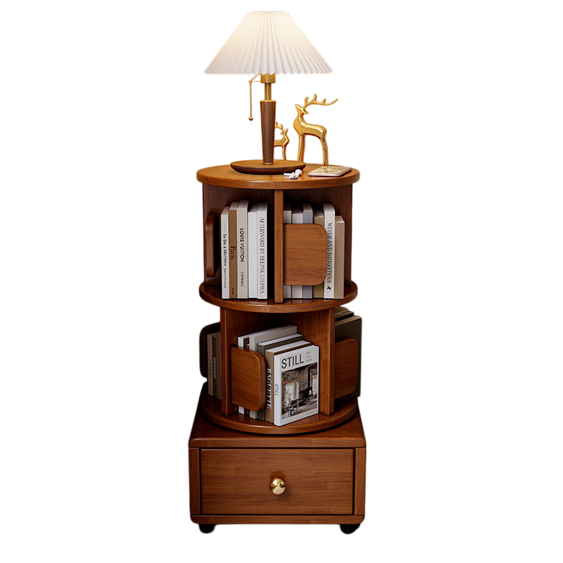 35-Inch Solid Wood Rotating Bookshelf with Drawer and Wheels