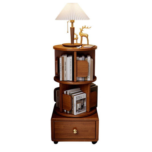 35-Inch Solid Wood Rotating Bookshelf with Drawer and Wheels