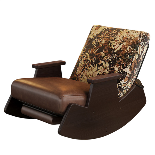 Walnut Wood Rocking Lounge Chair with Floral Cushion and Footrest