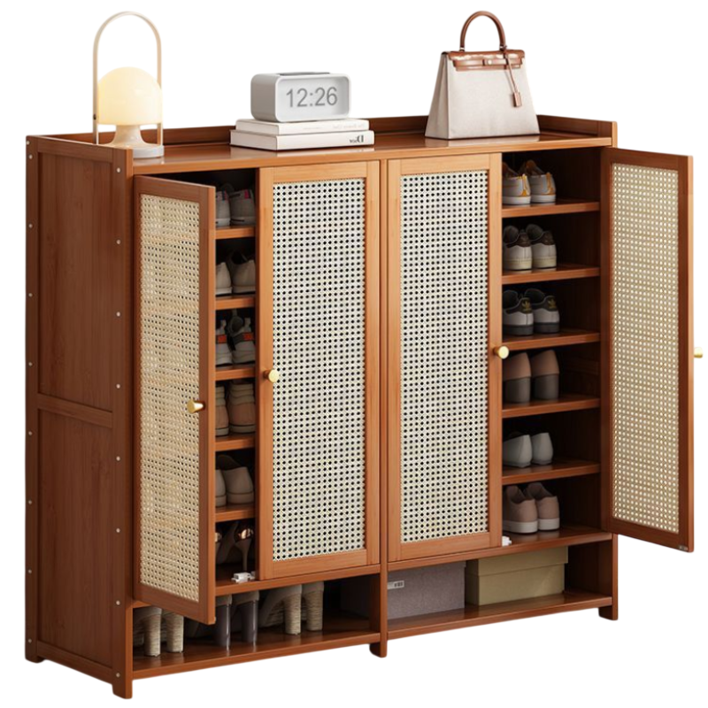 Walnut Bamboo Shoe Cabinet with 4 Cane Doors and Shelves