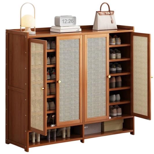 Walnut Bamboo Shoe Cabinet with 4 Cane Doors and Shelves