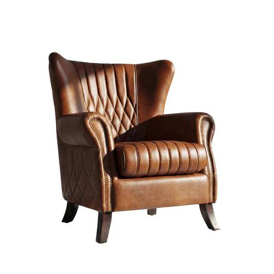 Brown Leather Wingback Accent Chair, Vintage Tufted Armchair with Nailhead Trim and Rolled Arms, Upholstered Single Sofa Chair for Living Room Bedroom Reading Corner