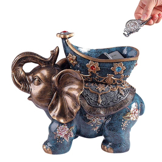Blue Resin Elephant Key Holder Bowl with Floral Saddle for Entryway