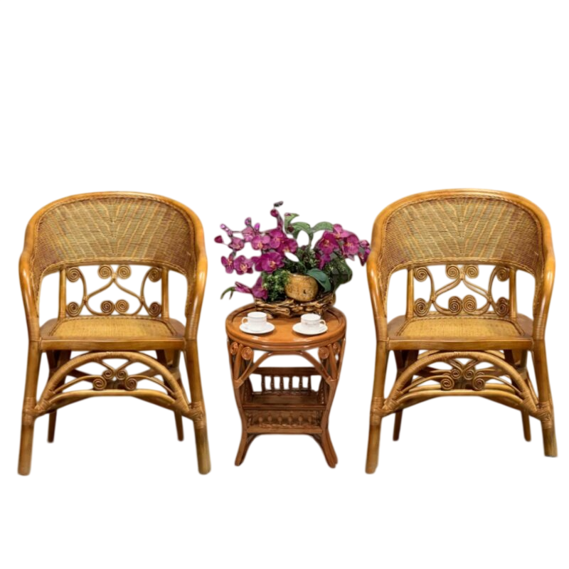 Natural Rattan 3-Piece Bistro Set with 2 Armchairs and Side Table