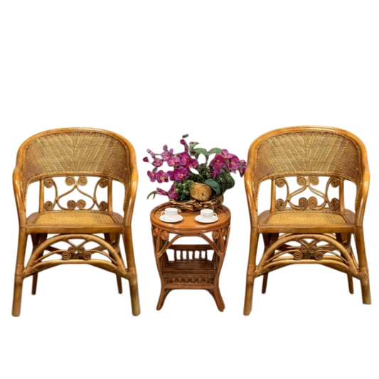 Natural Rattan 3-Piece Bistro Set with 2 Armchairs and Side Table
