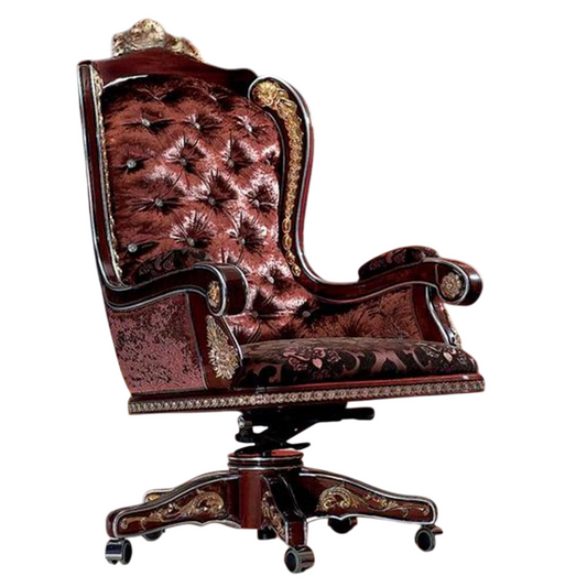 Luxury Executive Office Chair Solid Wood Carved Swivel Desk Chair Tufted High Back Leather Accent Chair Vintage Rolling Home Office Chair with Armrests