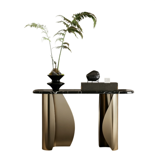 Champagne Gold Console Table, Black Sintered Stone Top