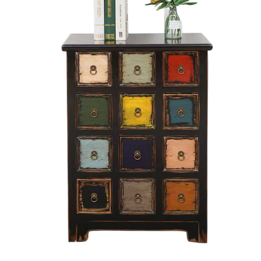 Rustic Farmhouse 12 Drawer Accent Cabinet, Distressed Multicolor Apothecary Style Wood Storage Chest, Black Entryway Cabinet for Bedroom, Living Room, Hallway, Office, and Media Storage