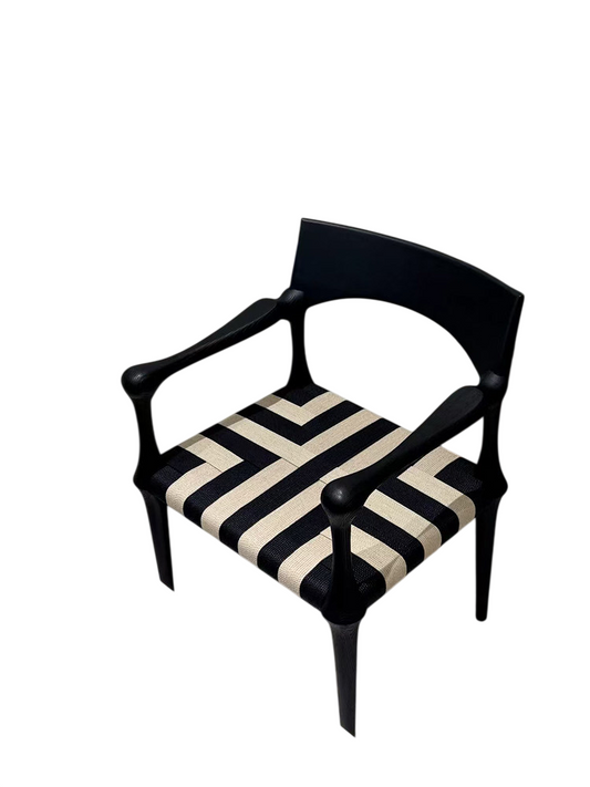 Black Solid Wood Woven Dining Armchair, Modern Curved Back Accent Chair with Black and Natural Rope Seat, Artistic Side Chair for Dining Room, Living Room, Bedroom, Office, Cafe, and Vanity Seating