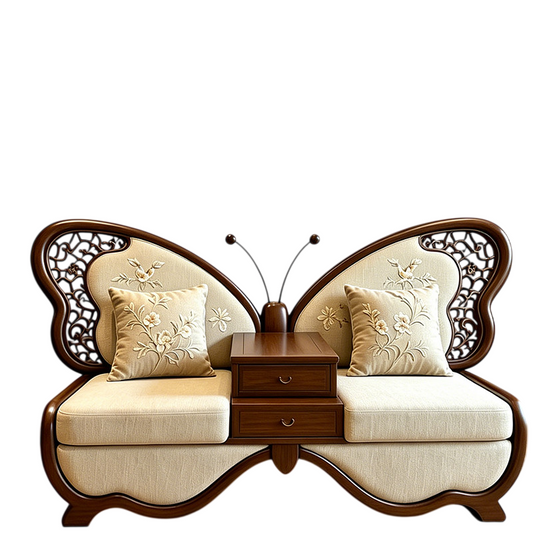Ash Wood Butterfly Loveseat Sofa with Integrated Storage Table, Upholstered 2 Seat Accent Sofa for Living Room, Reception, Hotel Lounge &amp; Office