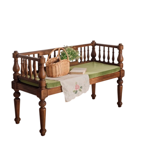 Walnut Brown Solid Wood Spindle-Back Bench, Olive Green Velvet Cushioned 2-Person Settee with Turned Legs and Rail Arms for Bedroom, Entryway, Living Room and Reading Nook