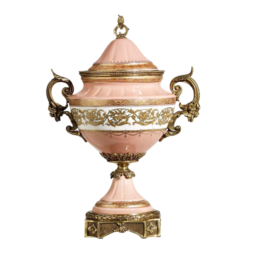 Luxury European Decorative Porcelain Urn Vase with Lid Elegant Pink Ceramic Ginger Jar Gold Floral Accent Vase with Ornate Handles for Living Room Entryway Table Décor