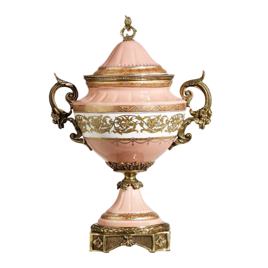 Luxury European Decorative Porcelain Urn Vase with Lid Elegant Pink Ceramic Ginger Jar Gold Floral Accent Vase with Ornate Handles for Living Room Entryway Table Décor