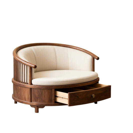 Ash Wood Barrel Chair with Storage Drawer and White Cushion
